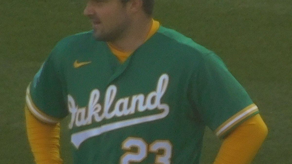Shea Langeliers of the Athletics, whose three-RBI double helped the A's crush the Nationals 15-1