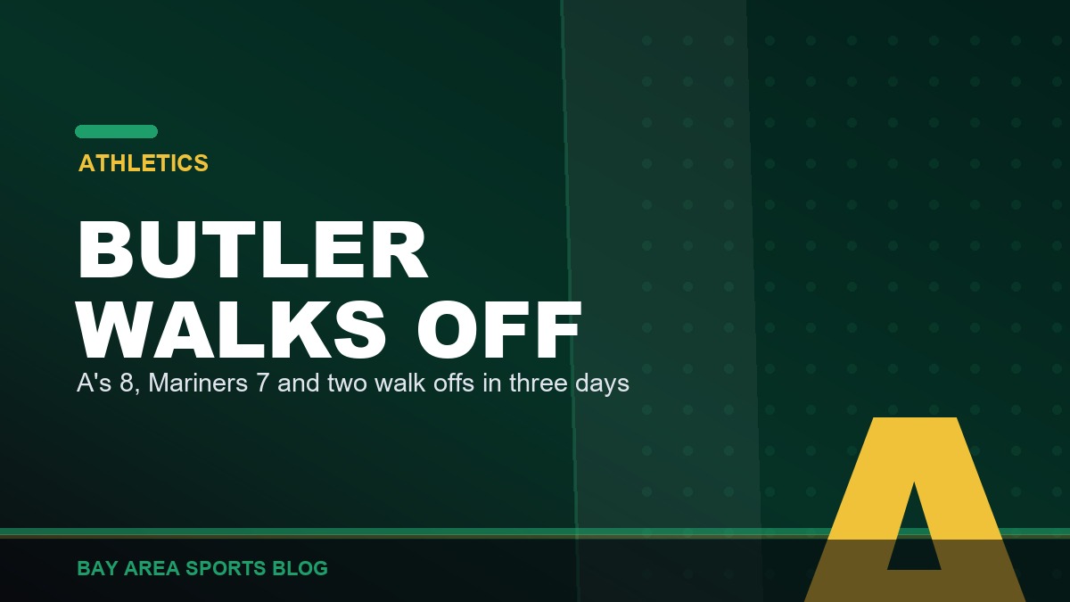 Bay Area Sports Blog graphic: the Athletics beat the Seattle Mariners 8 to 7 on a Lawrence Butler walk off homer