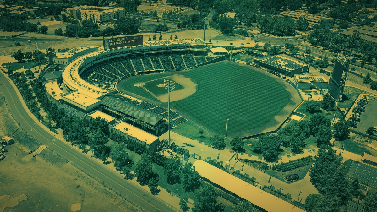 Aerial view of Sutter Health Park in West Sacramento, home of the A's