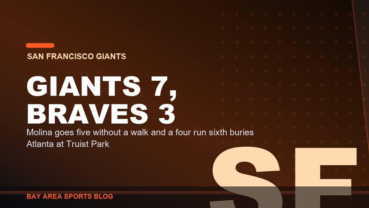 Bay Area Sports Blog graphic: the San Francisco Giants beat the Atlanta Braves 7 to 3 at Truist Park