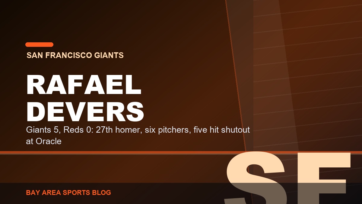 Bay Area Sports Blog graphic: Giants 5, Reds 0, a five hit shutout at Oracle Park, August 24, 2026