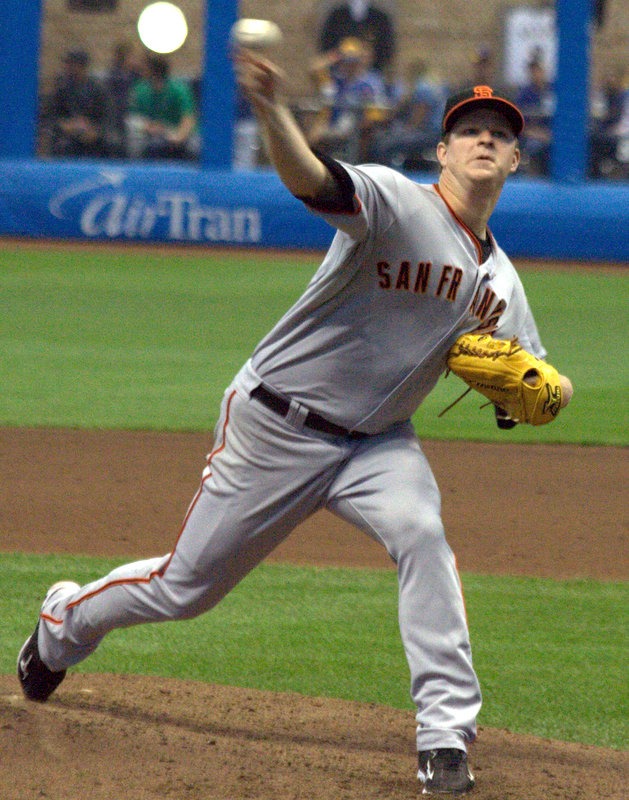Matt Cain delivering a pitch in the San Francisco Giants road gray uniform