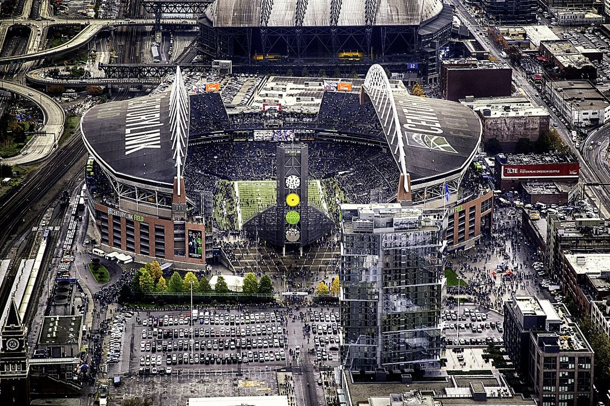 Aerial view of Lumen Field in Seattle packed with fans before a Seahawks game, back when it still carried the CenturyLink name