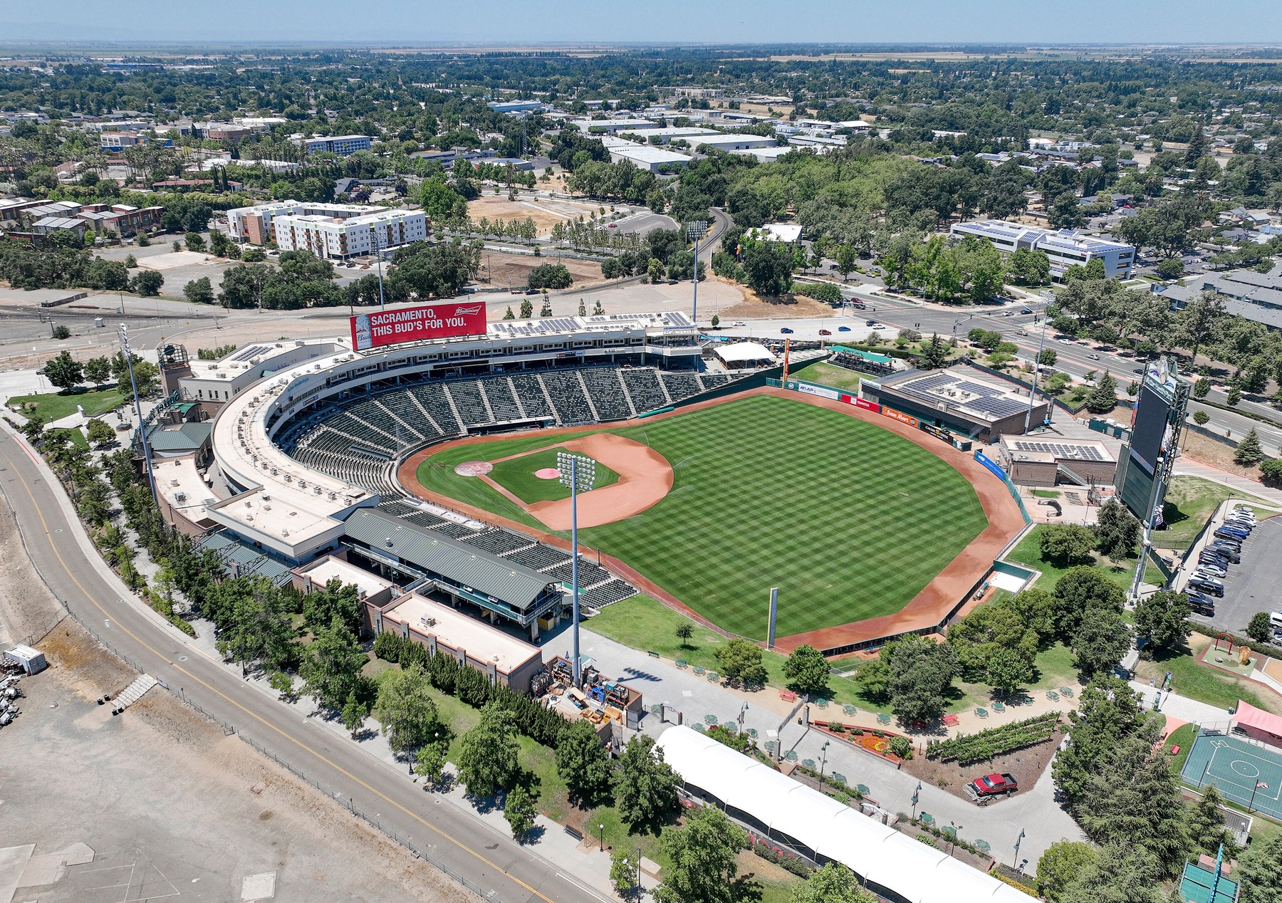 Aerial view of Sutter Health Park in West Sacramento, home of the A's